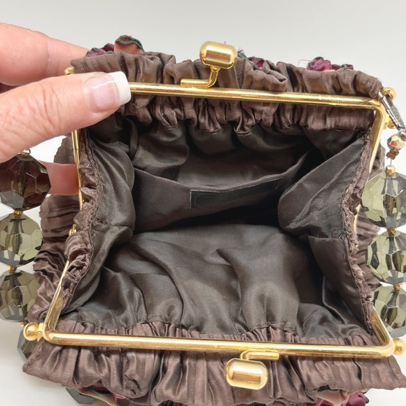 Small Brown Handbag W/Ribbon Roses, Chunky Topaz Crystal Handle, Large Tassel - Picture 6 of 8